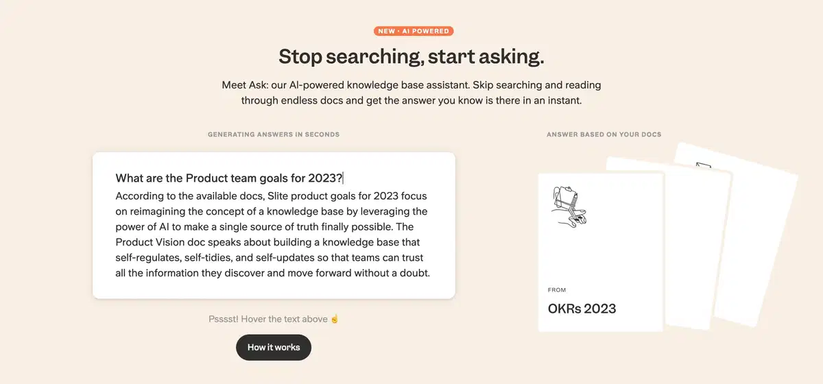 Slite Home Page Section AI Powered