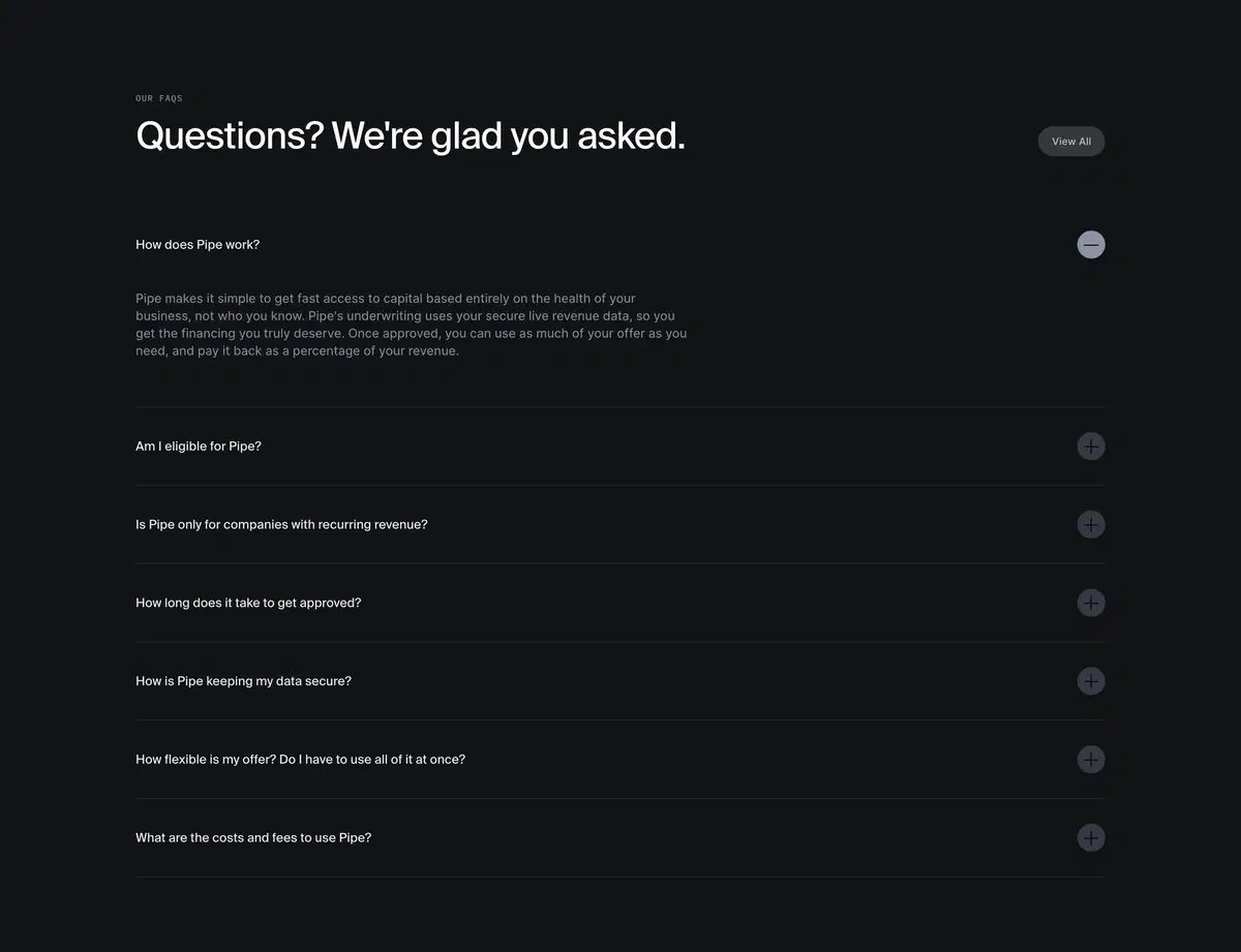 Pipe Enterpreneurs Page Section FAQ