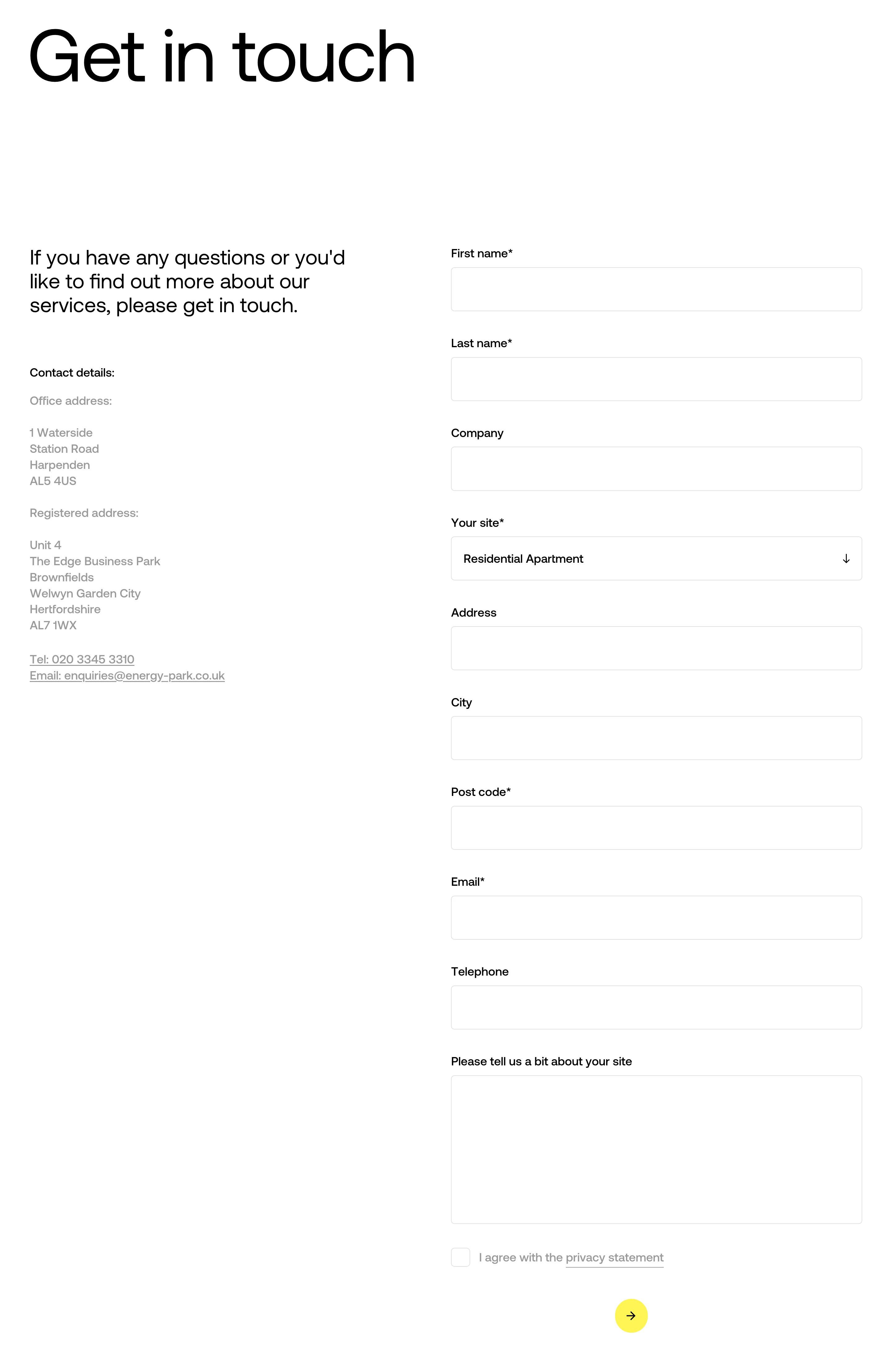 Energy Park Contact Page Section Contact
