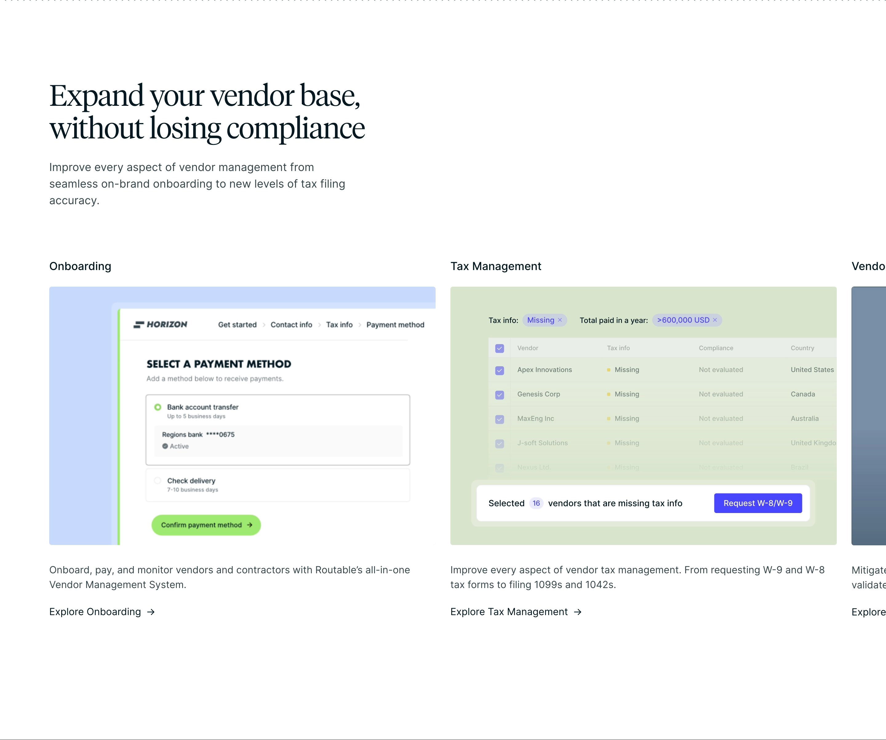 Routable Home Page Section Vendor Management