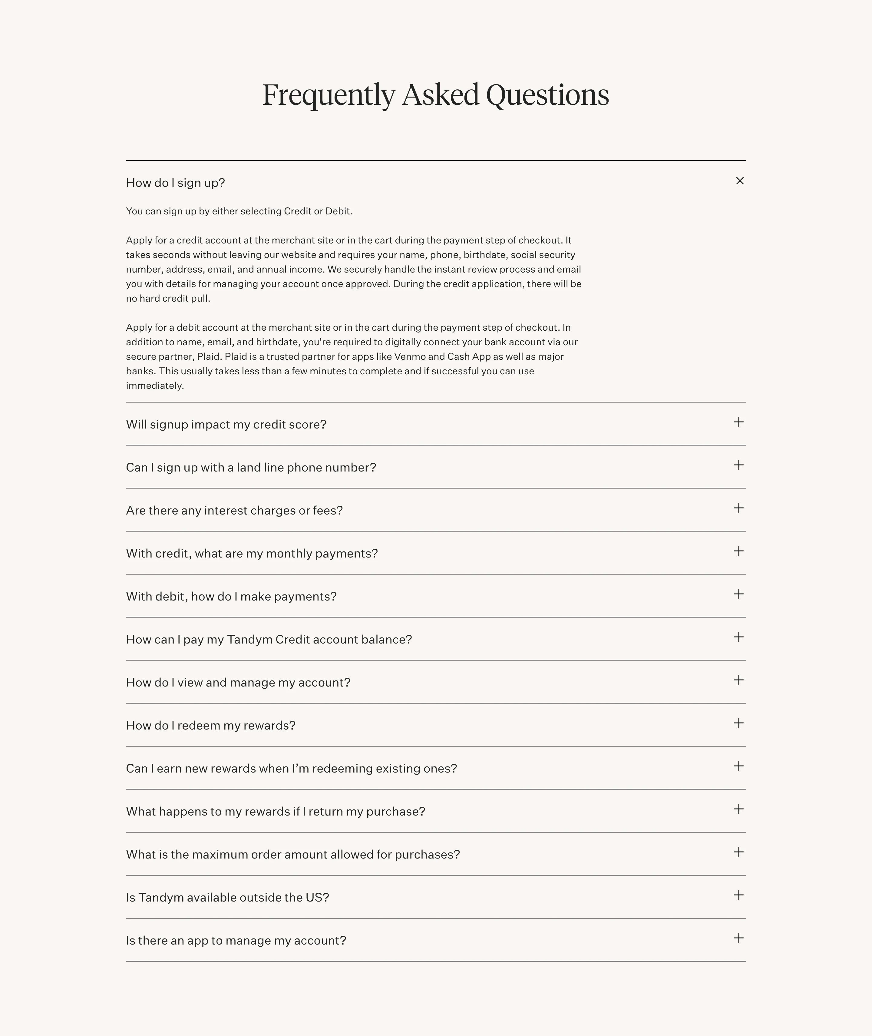 Tandym Shoppers Page Section FAQs