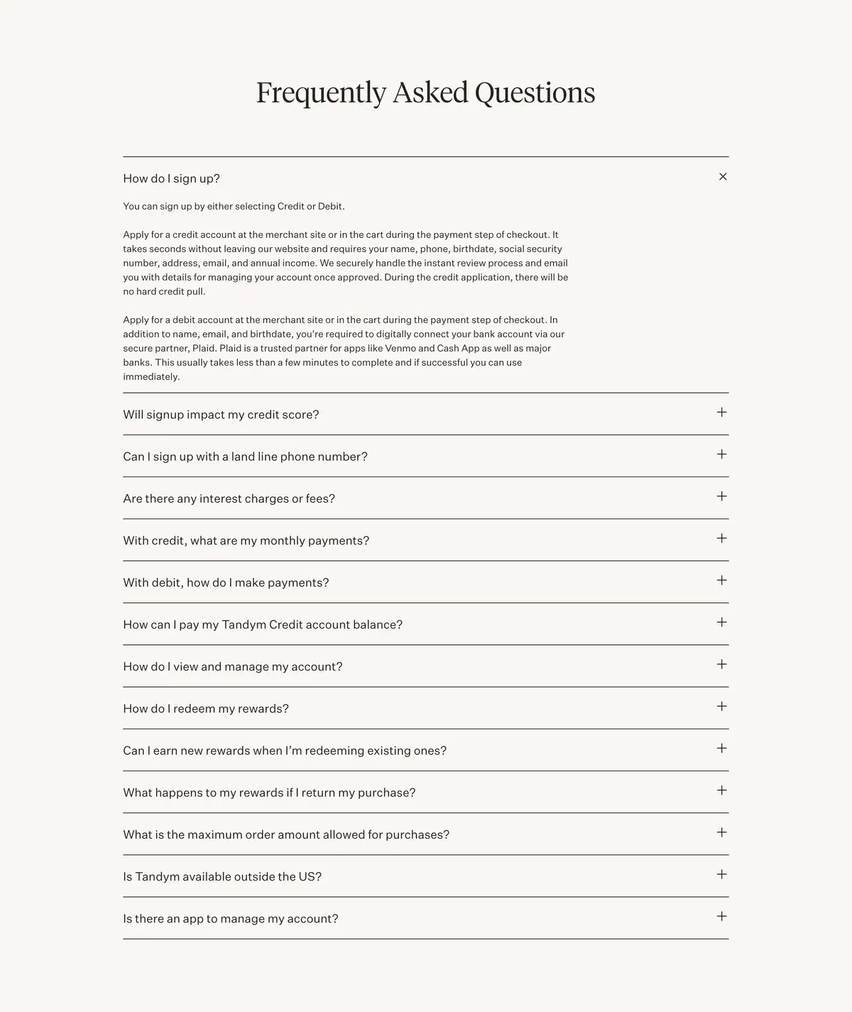 Tandym Shoppers Page Section FAQs