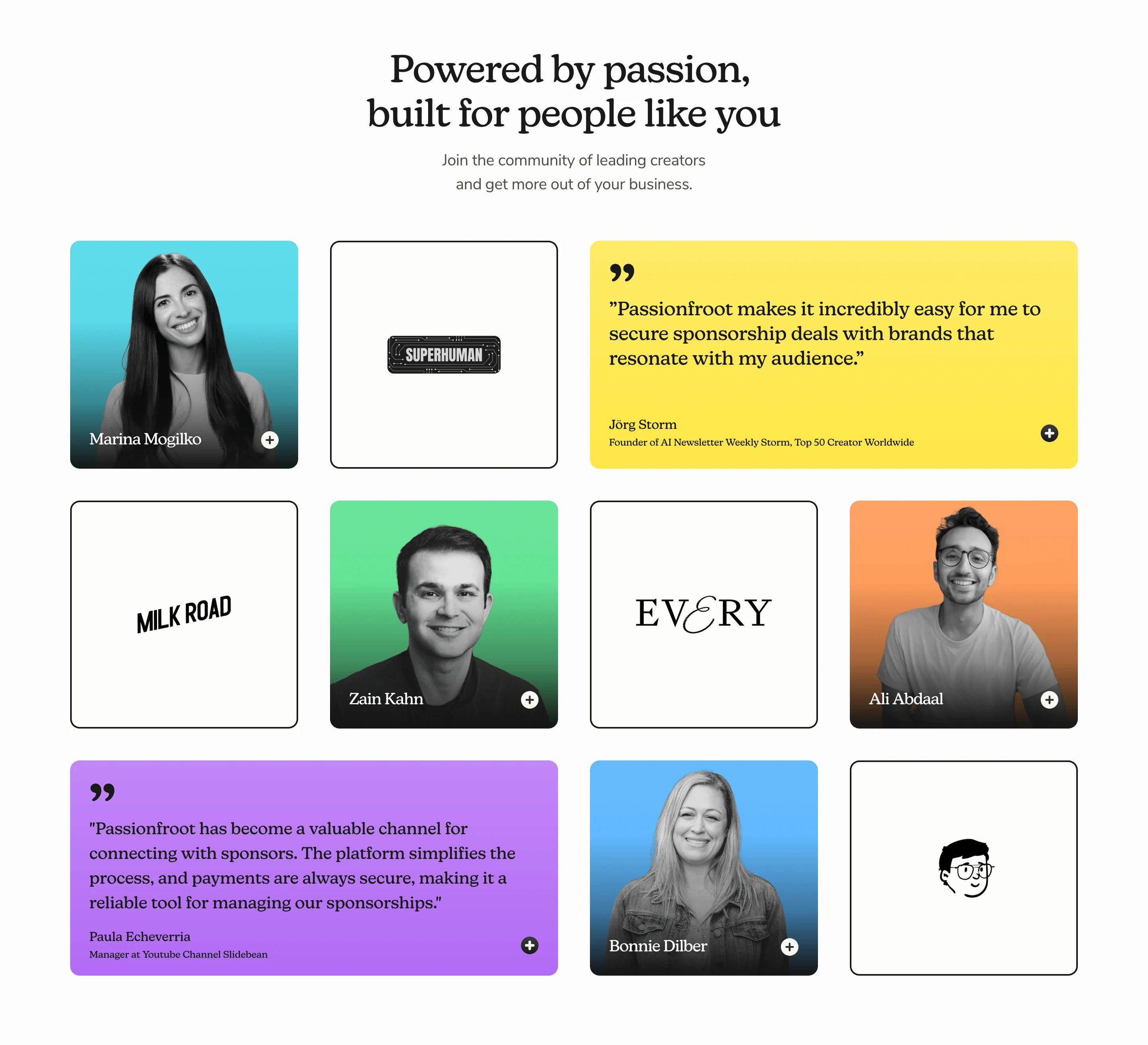 Passionfroot Creator Page Section Testimonials