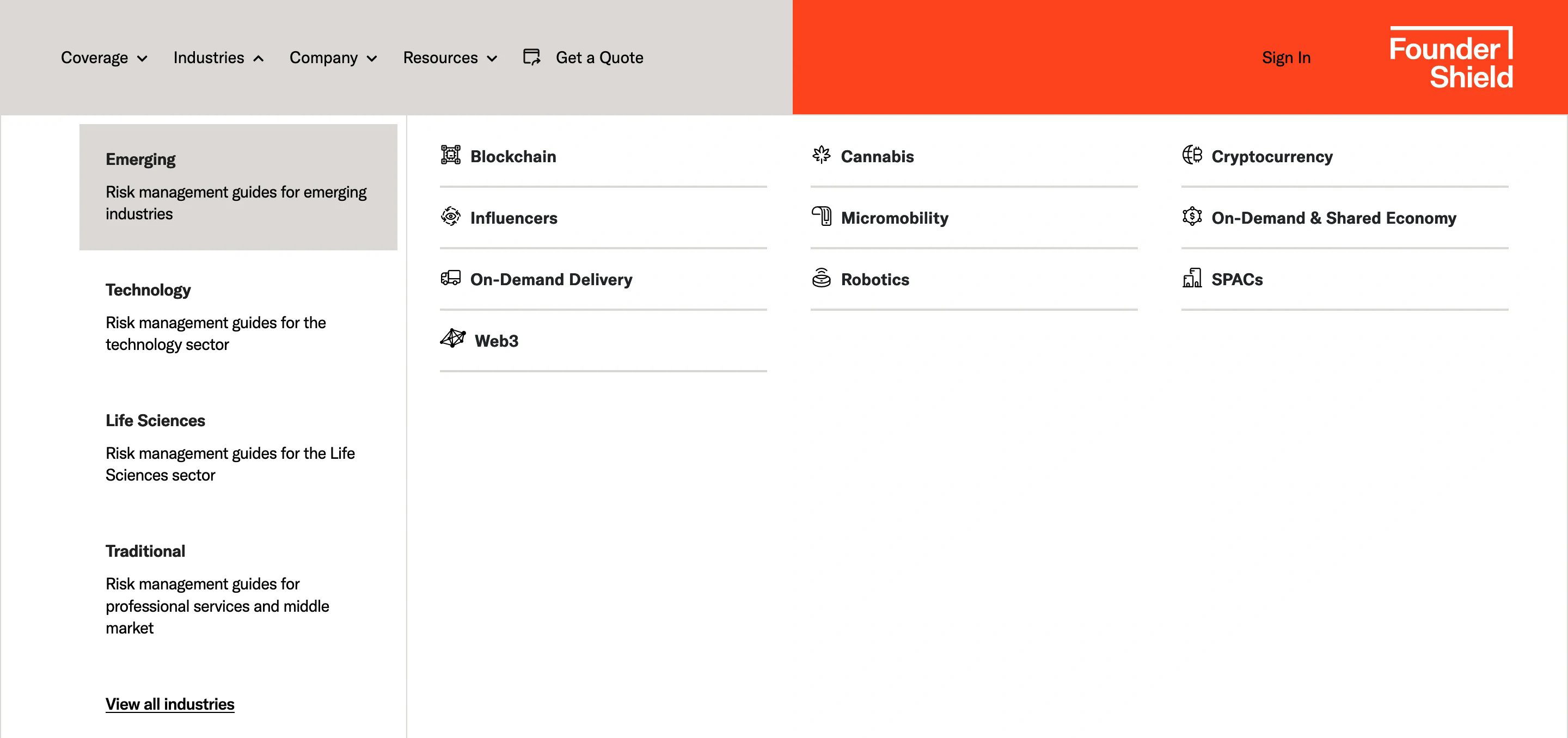 Founder Shield Navbar Mega Menu Industry