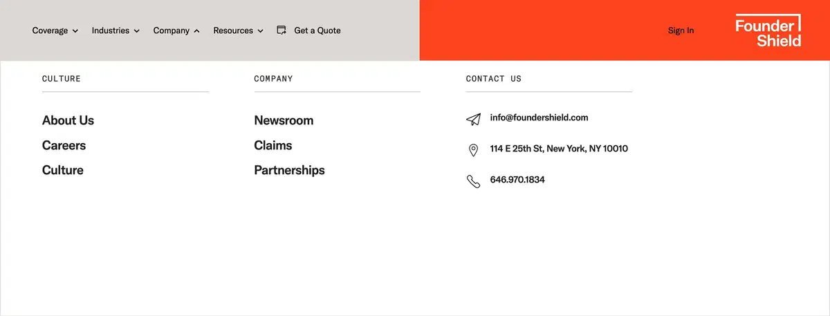 Founder Shield Navbar Mega Menu Company