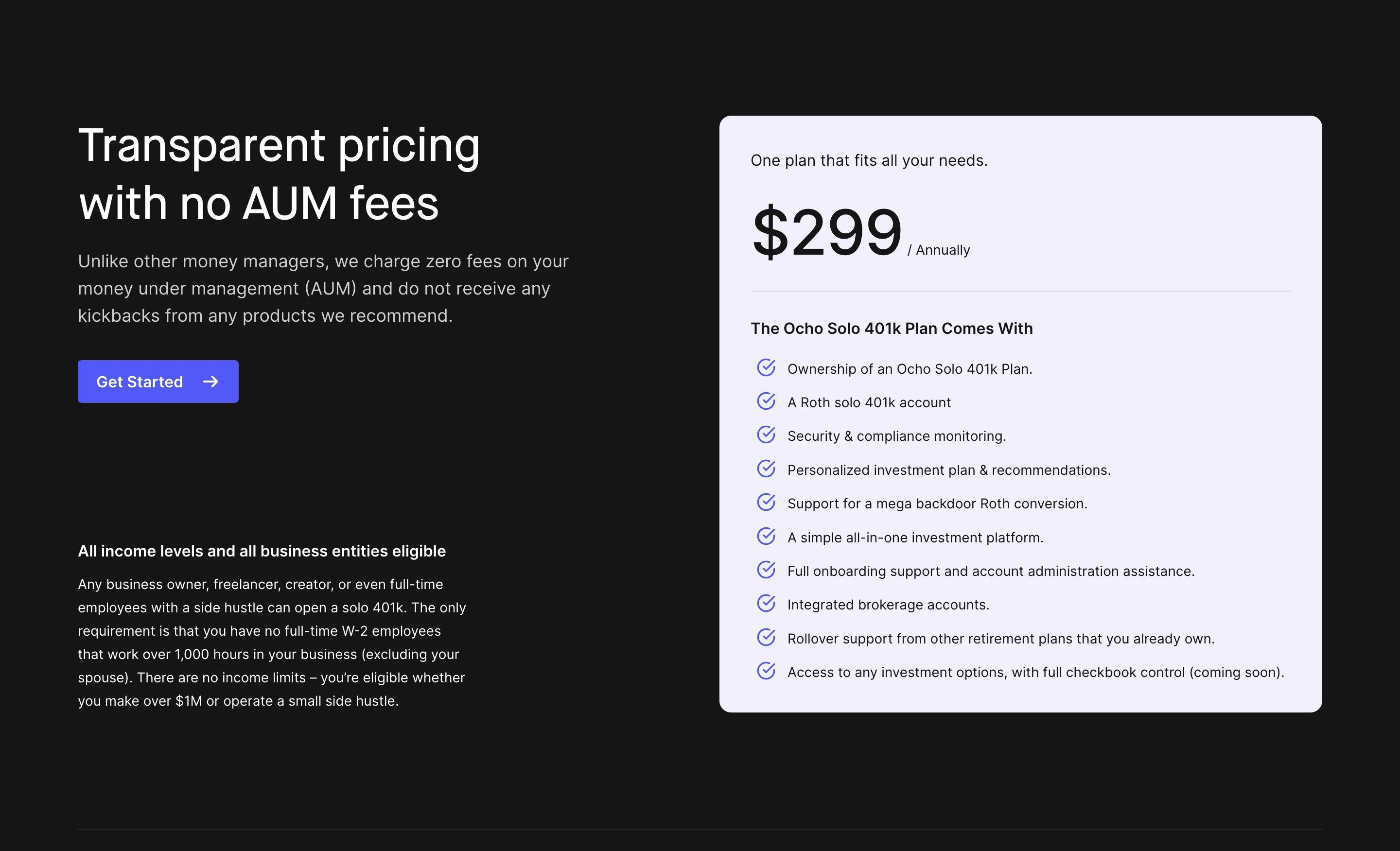 Ocho Solo Page Section Pricing