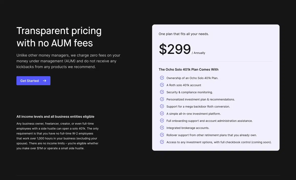 Ocho Solo Page Section Pricing