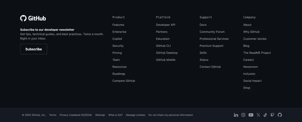 GitHub Home Page Section Footer