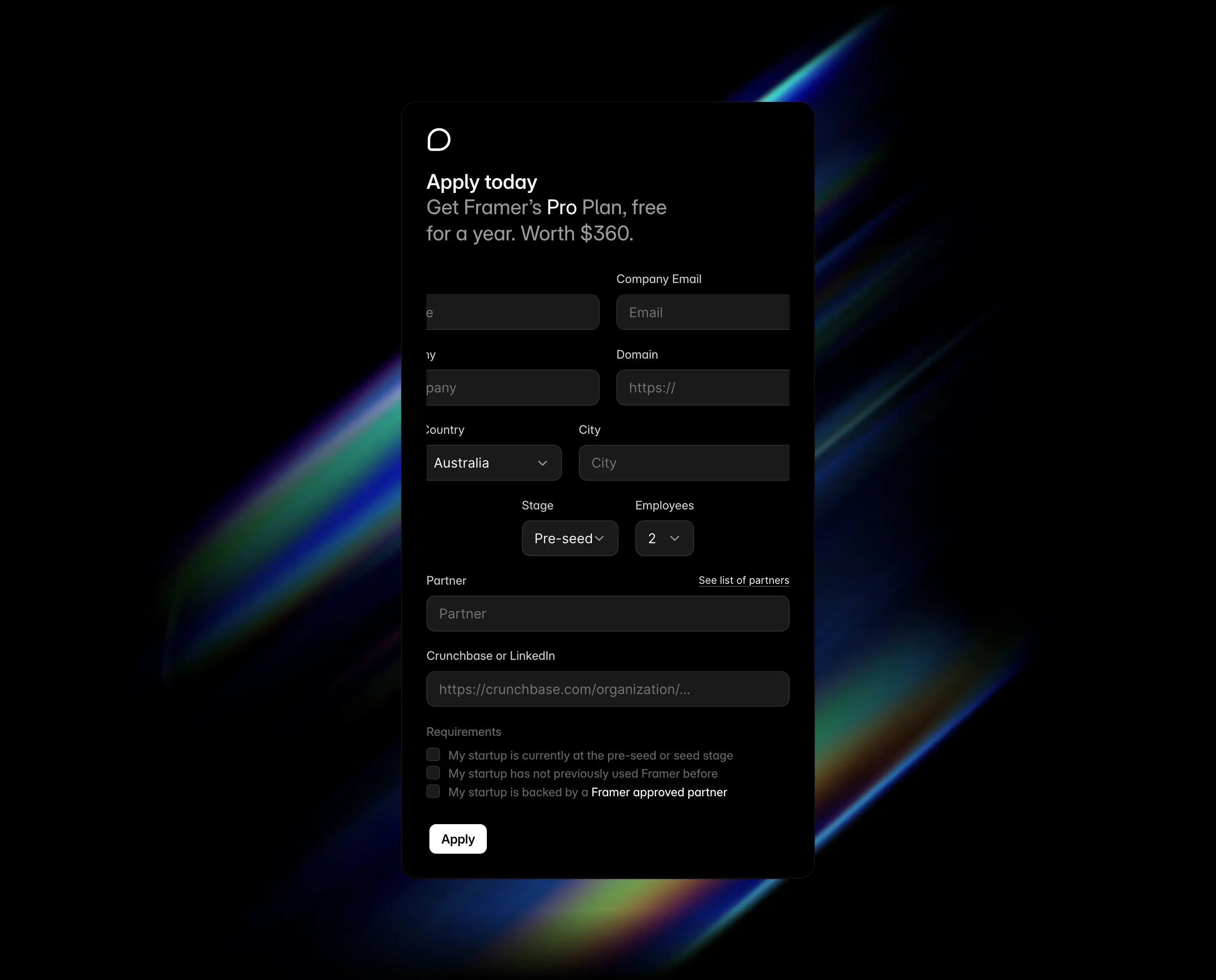 Framer Apply Form Design