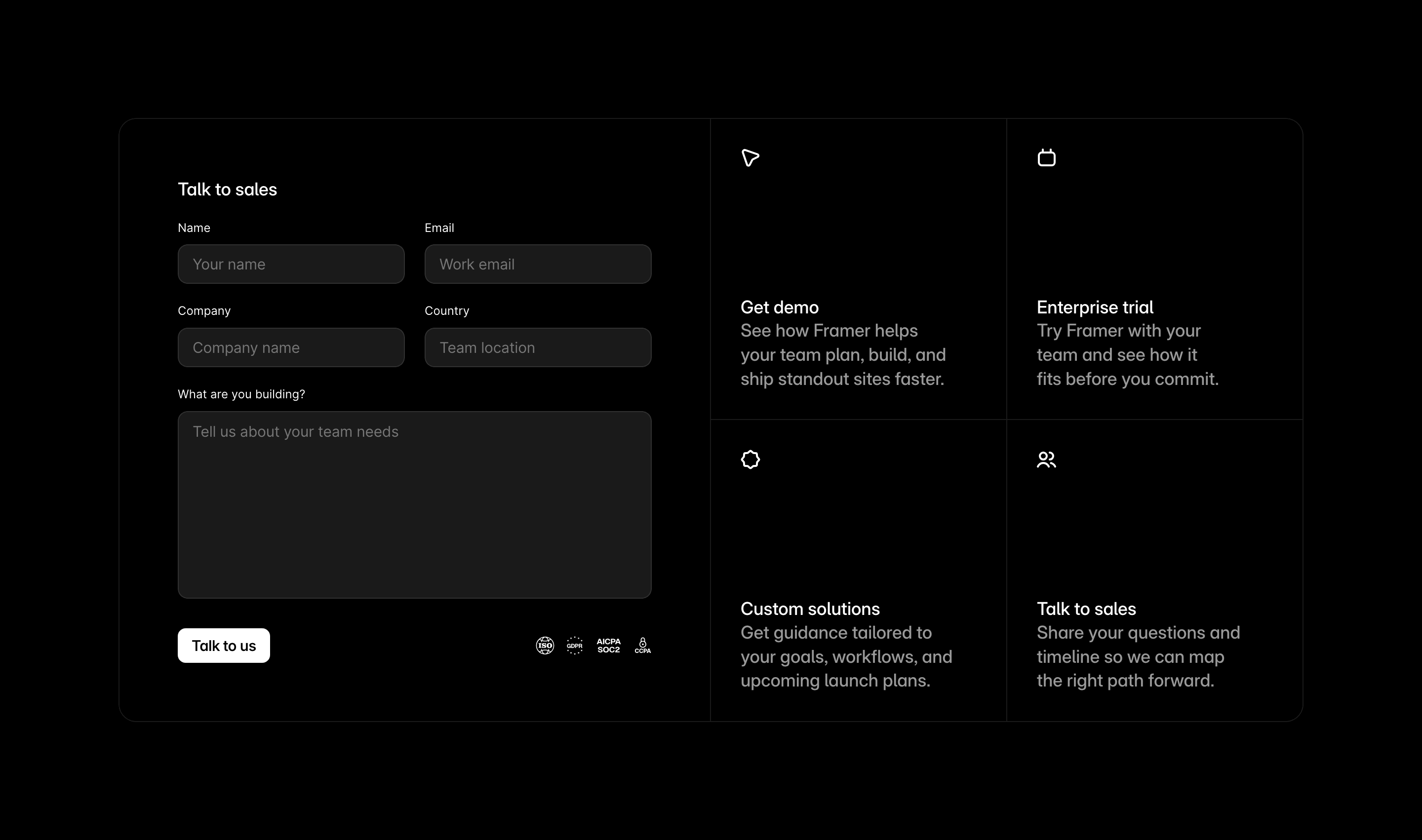 Framer Sales Contact Form Design