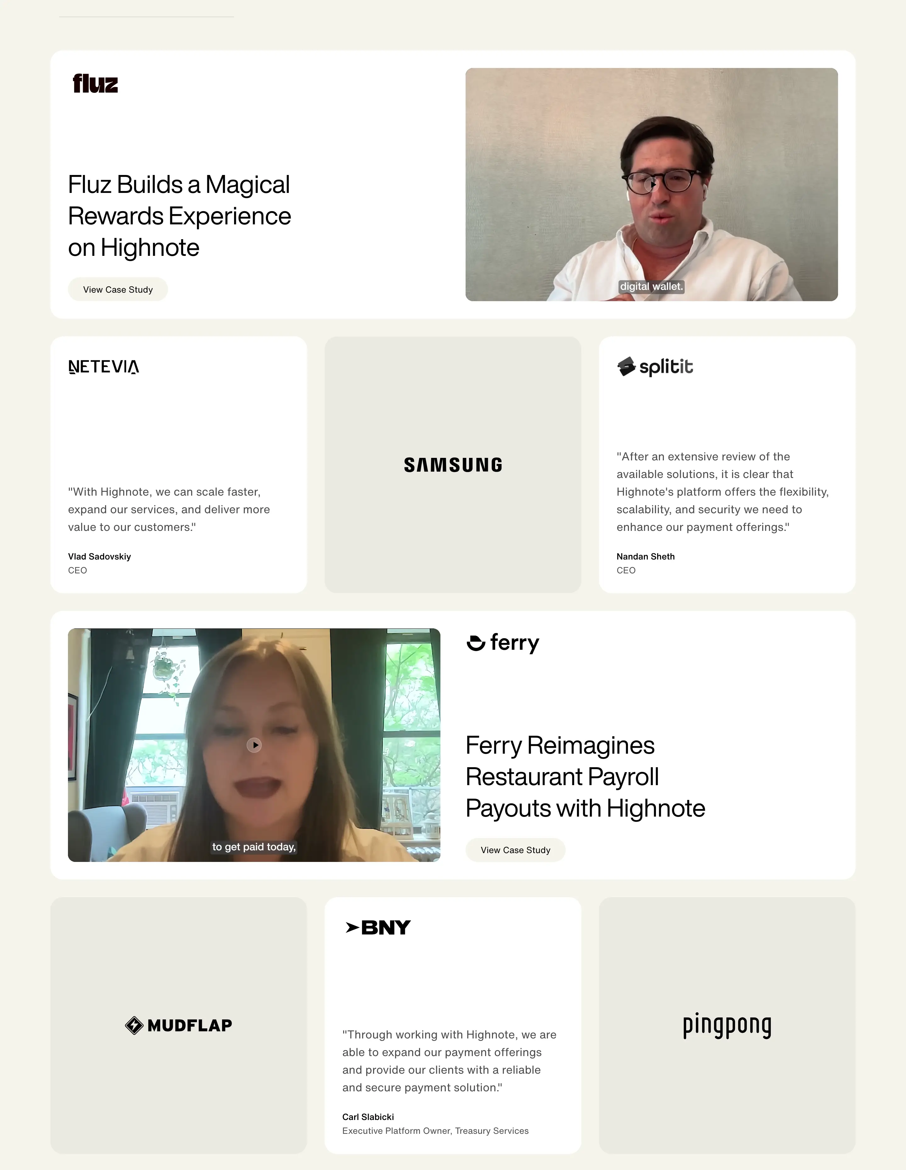 Highnote Customer Testimonial Grid Design