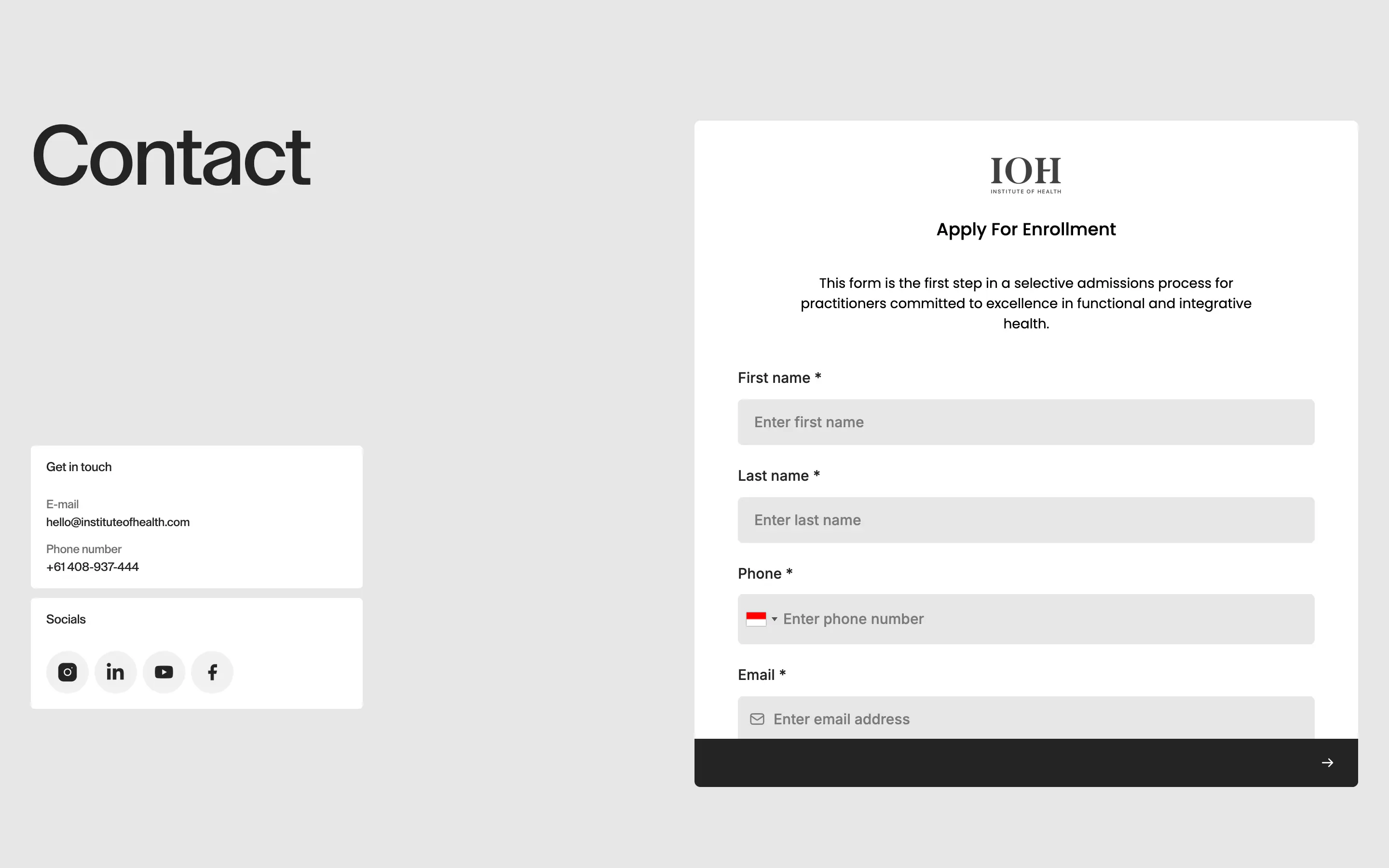 IOH Enrollment Contact Form Design