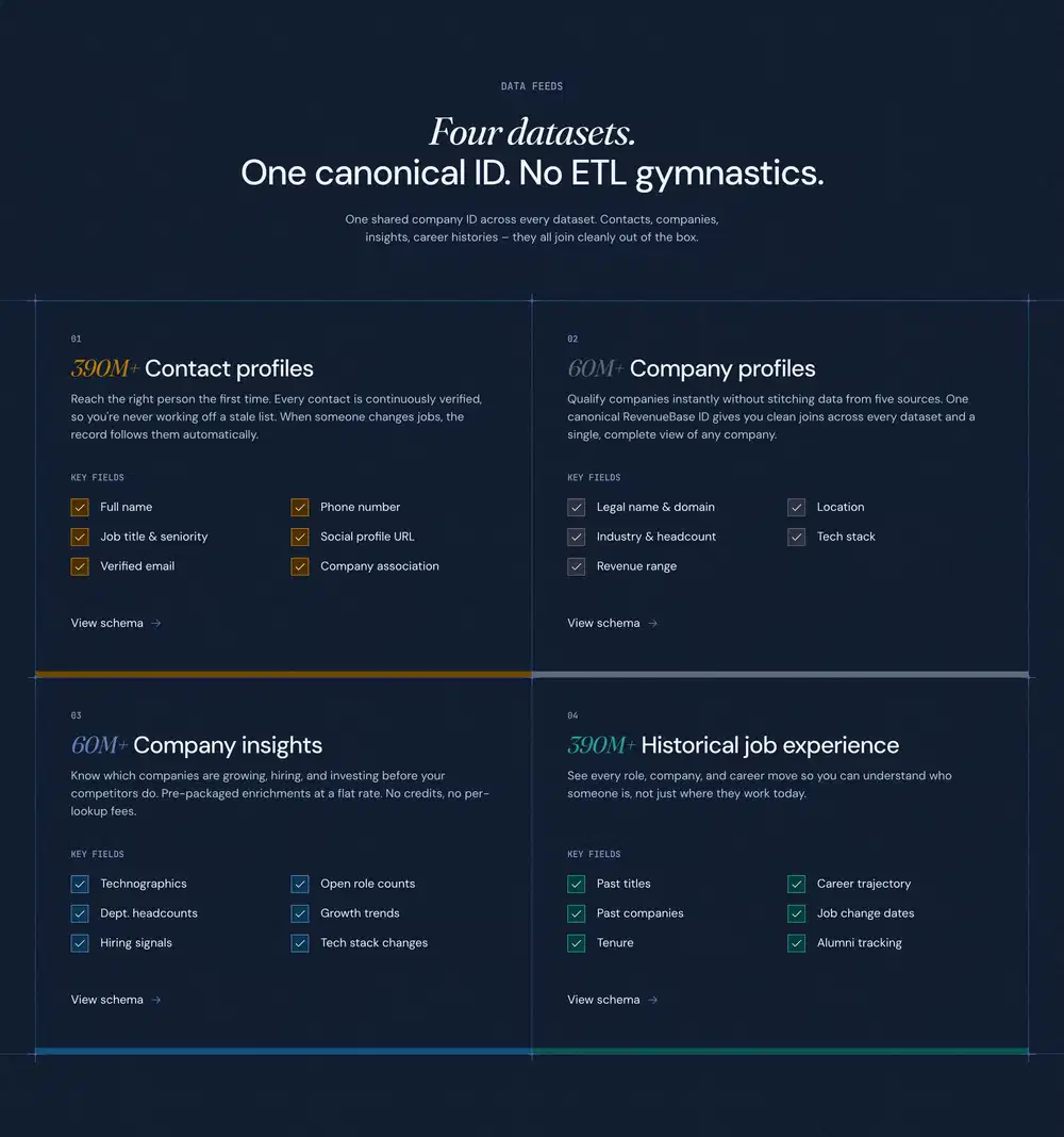 RevenueBase Data Datasets Feature Cards Design