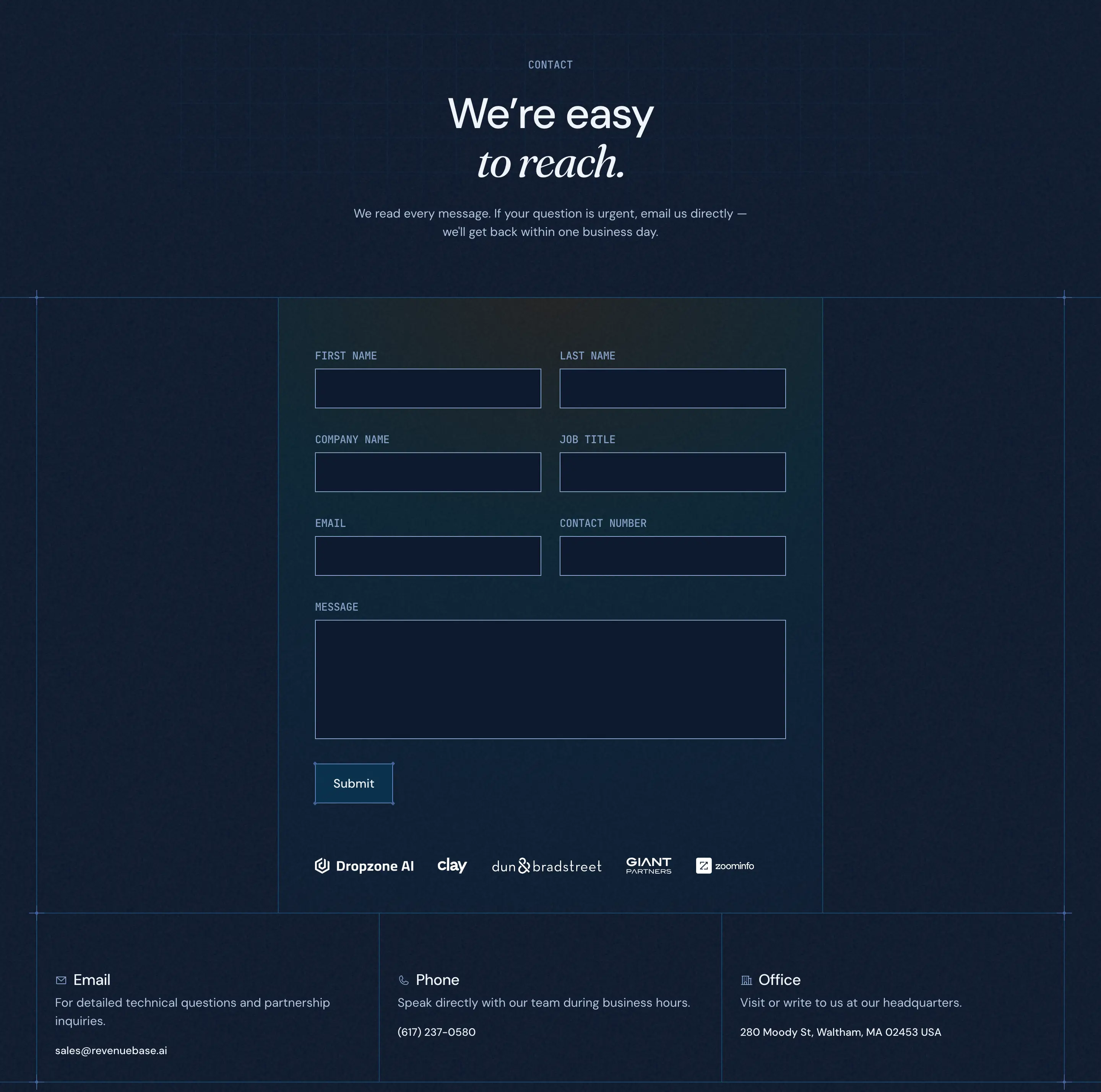RevenueBase Inquiry Form Contact Design