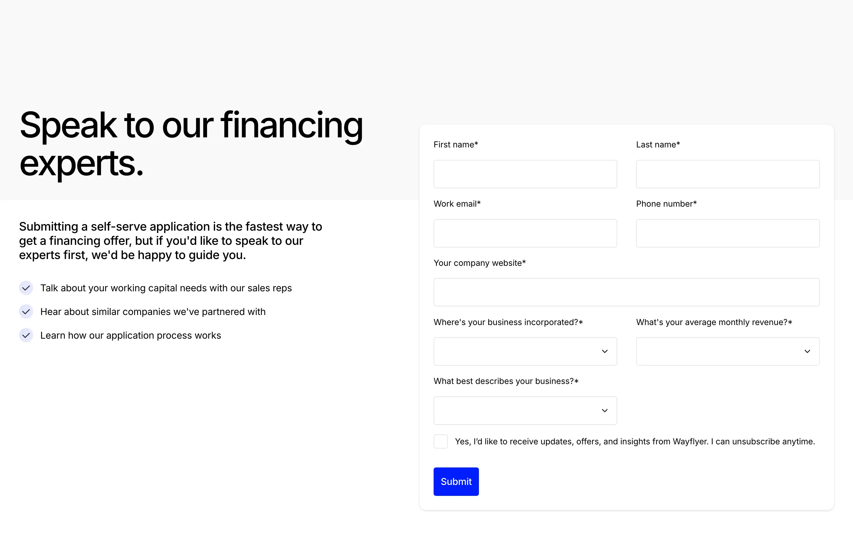 Wayflyer Financing Contact Form Design