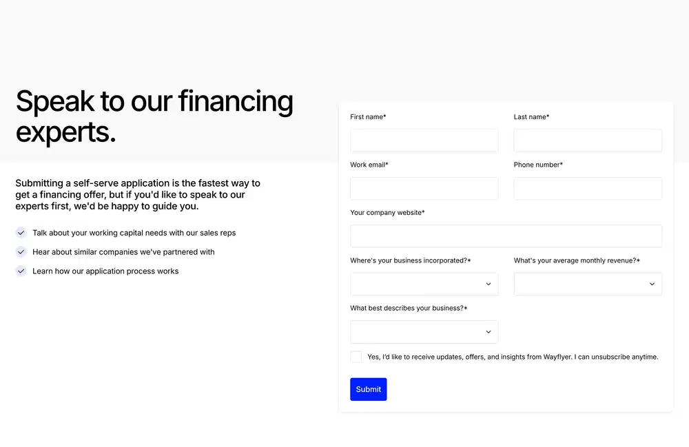 Wayflyer Financing Contact Form Design
