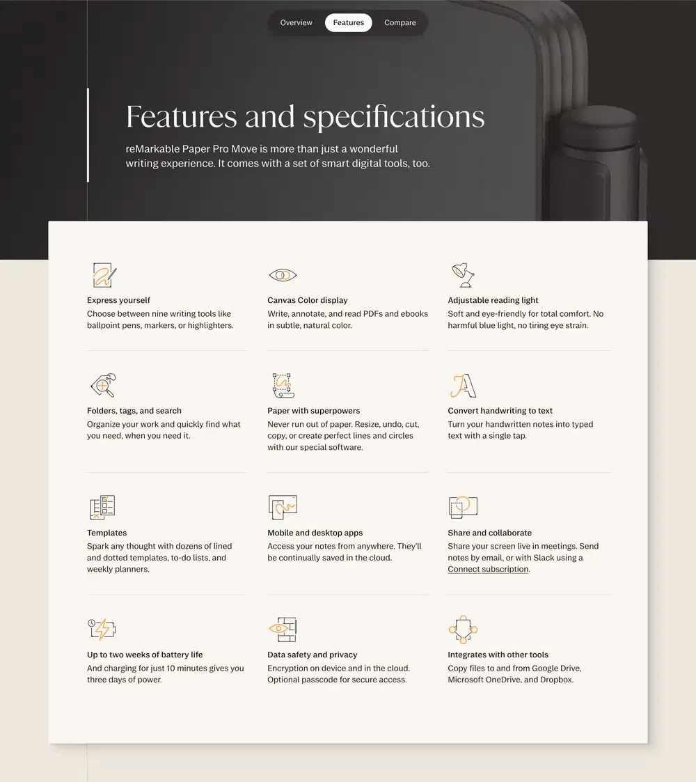 reMarkable Product Capabilities Feature Grid Design